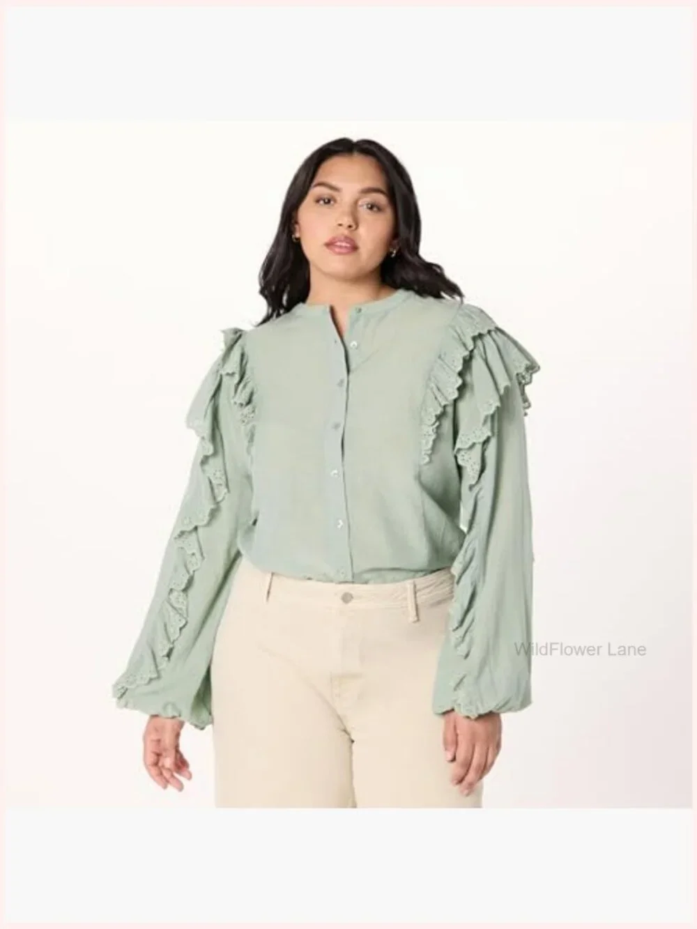Dramatic Ruffle Sleeve Cotton Blouse - Loose Fit, Button Front - Picture 5 of 7